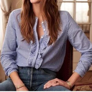 Sezane Blue Striped Ruffle Blouse